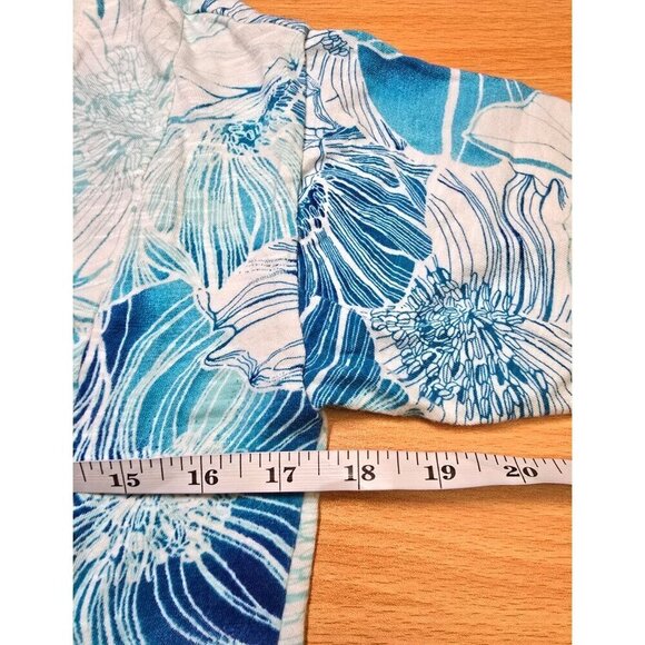 Chico's Womens sz 1 blue white floral short sleeve round neck shirt Cotton knot - Picture 4 of 10